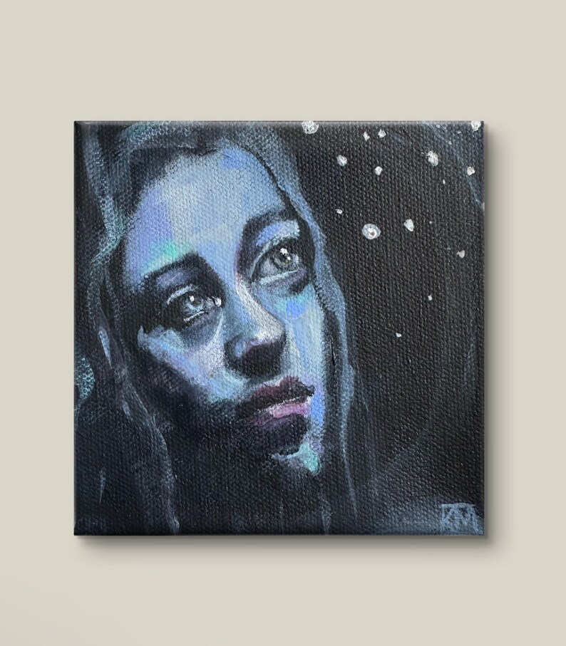 Moon Chaser 5x5 Original Hand painted Tiny Fantasy Portrait Blue Moonlight Whimsical Small art One of a kind gift Original art Acrylic image 8