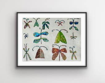Moths 18x24 Original Mixed Media artwork Beige bugs Insects Original Oil Pastel Whimsical Abstract Kids room Wall Art  kmoeri