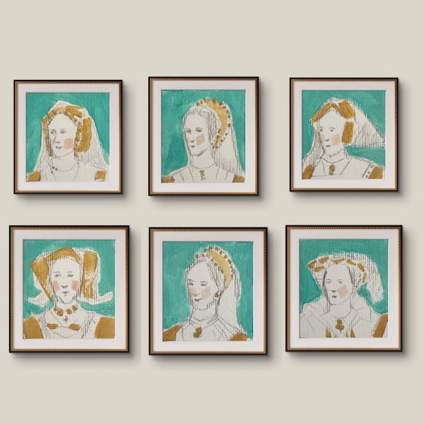 Six Wives of Henry VIII, set of 6 Original tiny art 2.25x2.5 Anne Boleyn England Tudor art British Wall art Hand Painted Portrait kmoeri