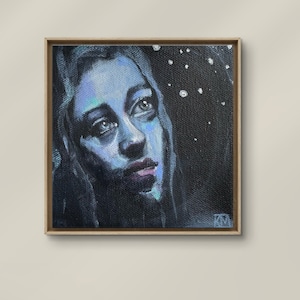 Moon Chaser 5x5 Original Hand painted Tiny Fantasy Portrait Blue Moonlight Whimsical Small art One of a kind gift Original art Acrylic image 1
