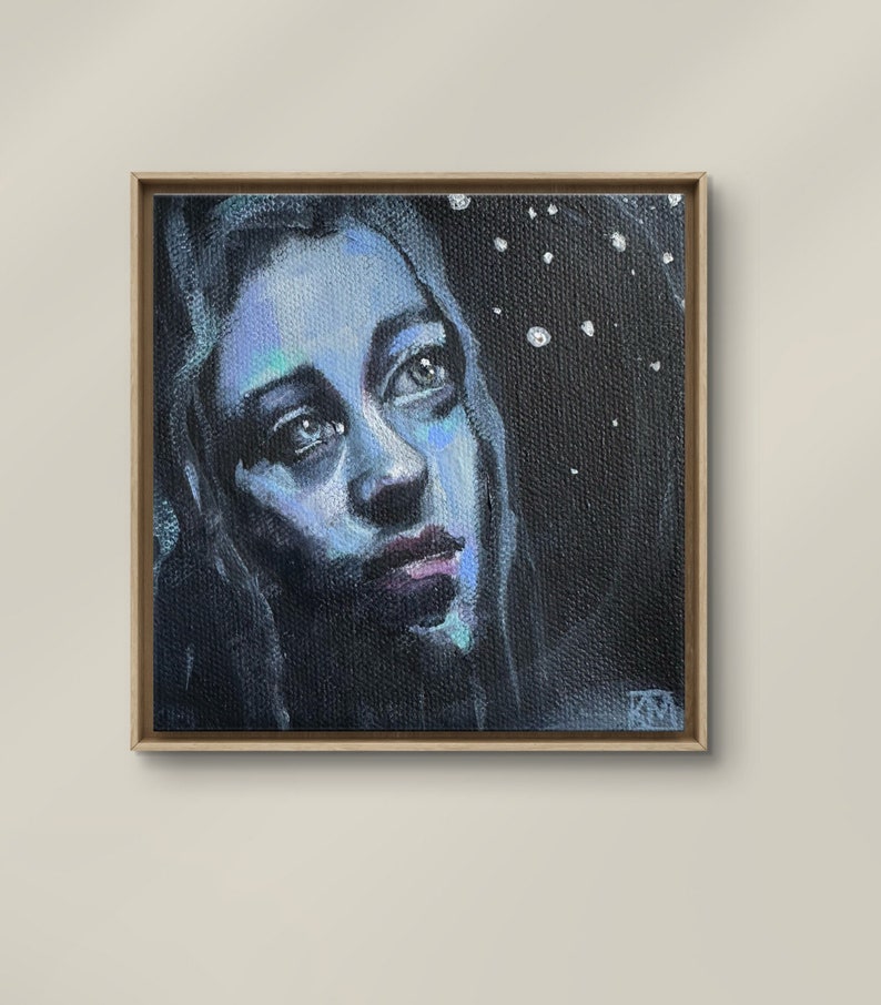 Moon Chaser 5x5 Original Hand painted Tiny Fantasy Portrait Blue Moonlight Whimsical Small art One of a kind gift Original art Acrylic image 1