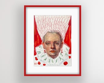 May include: A framed portrait with a red border. The artwork features a person with a shaved head, wearing a white ruffled collar and red earrings. The background is red, and the person's head is framed by a white, feathery design.