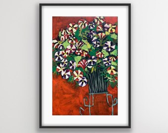 Petunias 12x18 Original Mixed Media Flowers  Whimsical Abstract Garden Orange Hand painted Original painting  Oil Pastel Wall Art  kmoeri