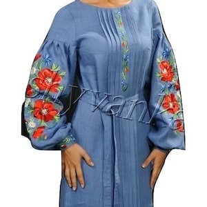 Vestido de linho bordado - Vyshyvanka, padrão ucraniano, com bordado real, étnico