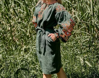 Embroidered Linen Dress - Vyshyvanka, Ukrainian Pattern, with real embroidery, knee or floor length, Ethnic