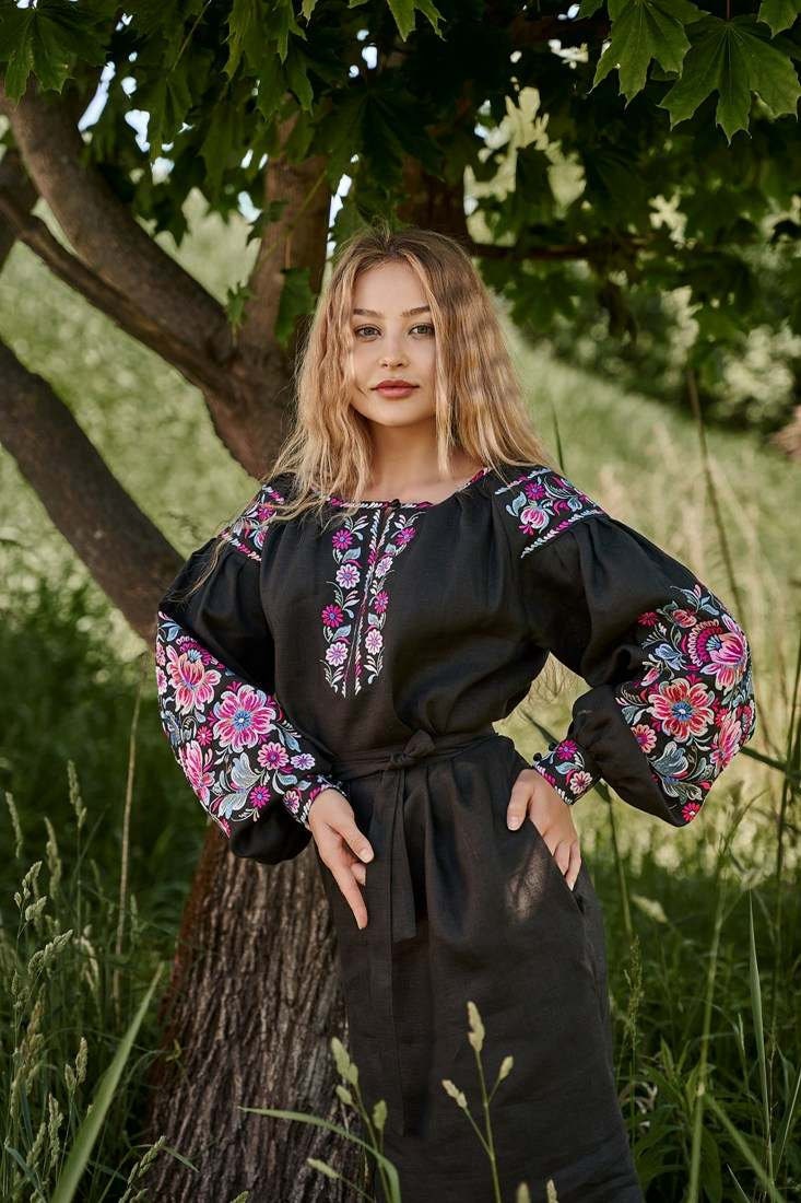Embroidered Linen Dress - Vyshyvanka, Ukrainian Pattern, with real embroidery, knee length, Ethnic