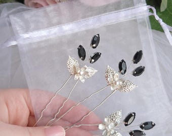 Black Crystal Hair Accessories, Alternative Wedding, Bridal Hair Pins, Bridesmaid Hair Accessories, Prom