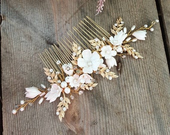Gold Floral Hair Comb, Ivory Hair Flowers, Golden Hair Vine, Bridal Hair Accessorise, Wedding Hair Comb, Flower Crown, Pearl Hair Piece