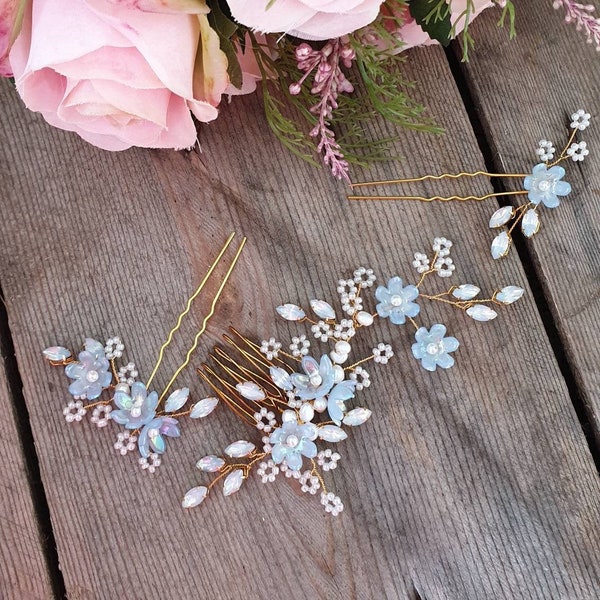 Blue Wedding Hair Accessories, Hair Flowers, Bridal Hair Comb, Wedding Hair Pins, Bridesmaid Accessories, Floral Hair Pins, Something Blue