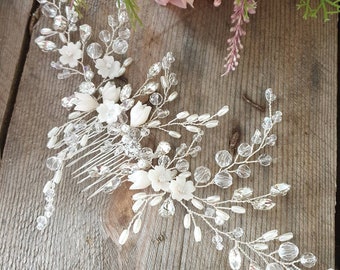 Large Crystal Hair Comb, Bridal Hair Vine, Crystal Hair Accessories, Hair Comb with Flowers, Polymer Clay Flowers, Statment Head Piece