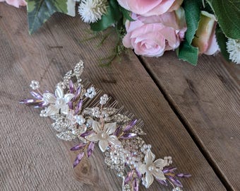 Silver Bridal Hair Comb with Purple Rhinestones and Ivory Flowers – Wedding Prom Accessory
