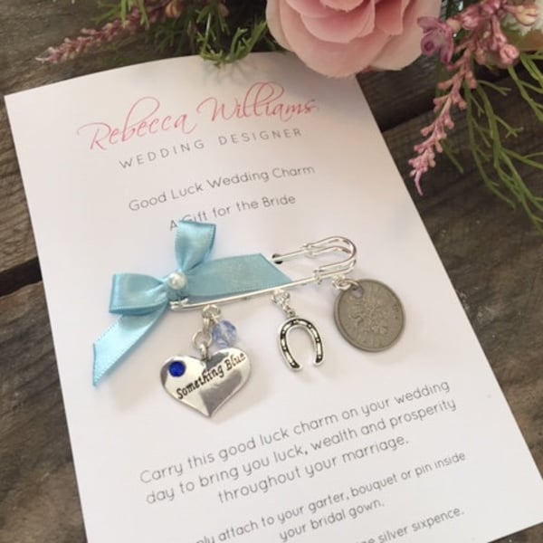 Silver Sixpence Charm, Good Luck Charm, Horseshoe Charm, Wedding Bouquet Charm, Something Blue Gift, Wedding Gifts, Gifts for the Bride