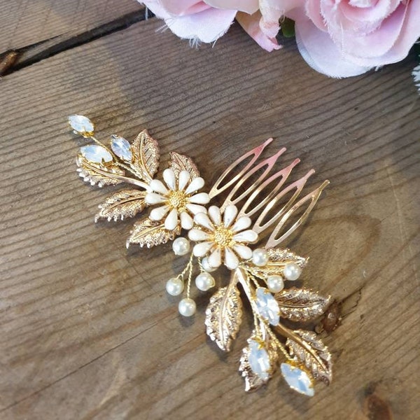 Rose Gold Daisy Hair Comb, Bridal Headpiece, Wedding Hair Ideas, Daisy Flowers, Daisy Chain, Pearl Hair Comb, Bridesmaid Hair Accessories,