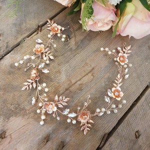 Liane de cheveux florale en or rose vif, casque de mariage en perles et en cristal, casque floral délicat, or rose, accessoires de cheveux de mariée