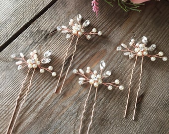 SET OF 4 Rose Gold Pins, Flower Hair Pins, Rose Gold Hair Accessories, Bridal Accessories, Hair Flowers, Diamante Hair Clips