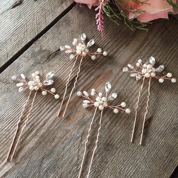 SET OF 4 Rose Gold Bridal Hair Pins, Flower Hair Pins, Rose  display picture 2
