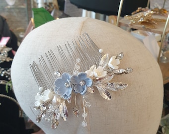 Something Blue Crystal and Pearl Hair Comb, Floral Headpiece, Wedding Accessories, Sparkle Hair Accessories, Wedding Day, Bridal Jewellery