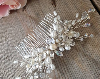 Crystal Sparkle Bridal Hair Comb, Pearl Hair Vine, Rhinestone Leaf Embellished Comb, Wedding Day Hair Accessories, Silver Hair Comb, Wedding