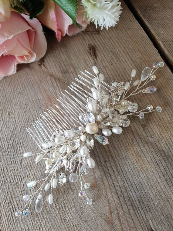 Silver Rhinestone Crystal Flower Pearl Hair Comb - Bridal Wedding Jewellery Clip