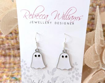 Enamel Ghost Dangle Earrings: Sterling Silver Halloween Jewelry