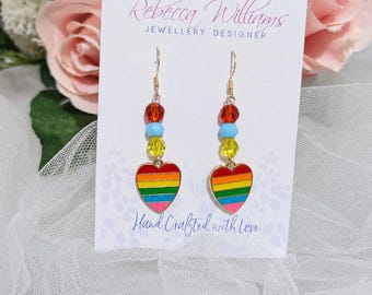 Rainbow Heart Dangle Earrings, Colourful Pride Jewellery, LGBT, Gifts for Her