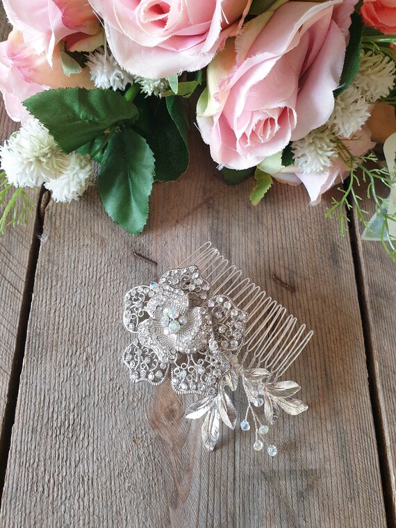 Large Vintage Flower and Leaf Bridal Hair Comb - Etsy