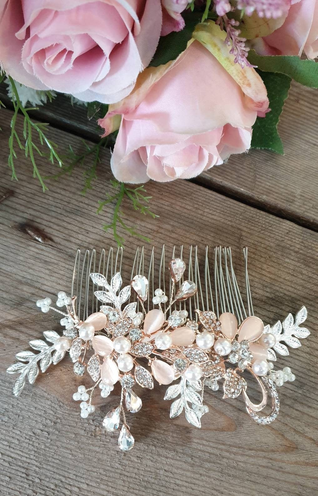 Beige and blush pink hair comb bridal hair piece