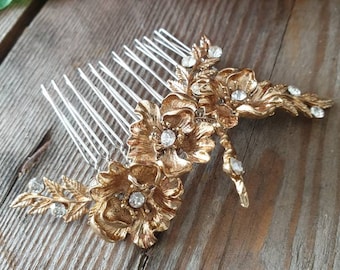 Gold Floral Comb, Gold Diamante Leaf Comb, Vintage Comb, 1920's Wedding Accessories, Hair Accessories, Autumnal headpiece, Bridal Hair Comb