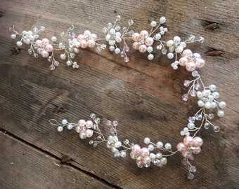 Pearl Hair Vine, Hair Flowers, Blush Pink Hair Vine, Romantic Hair Accessories, Bridal Hair Piece, Hair Jewellery, Wedding Day, Brides