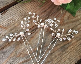 Pearl Hair Pins, Bridal Hair Pins, Bridesmaid Hair Accessories, Gyposophila Hair Accessories, Floral Hair Vine, Hair Flowers, Flower Pins