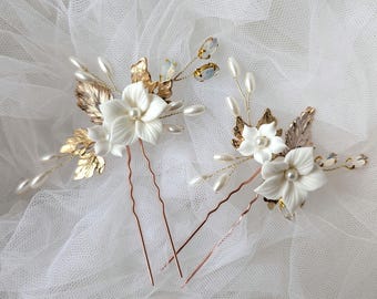 Beautiful Gold and Ivory Floral Hair Pins for Weddings, Bridal Hair Accessories, Bridal Floral Hair Pins, Wedding Day Hair Accessory, Brides