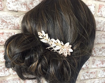 Rose Gold and Gold Hair Comb, Bridesmaid Hair Piece, Pink Flower Comb, Diamante Bridal Accessories