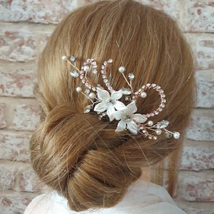 Swirly Rose Gold Bridal Hair Comb, Ivory Floral Hair Accessories with Rhinestones, Wedding Day Hair Accessory, Bridal Headpiece, Rose Gold