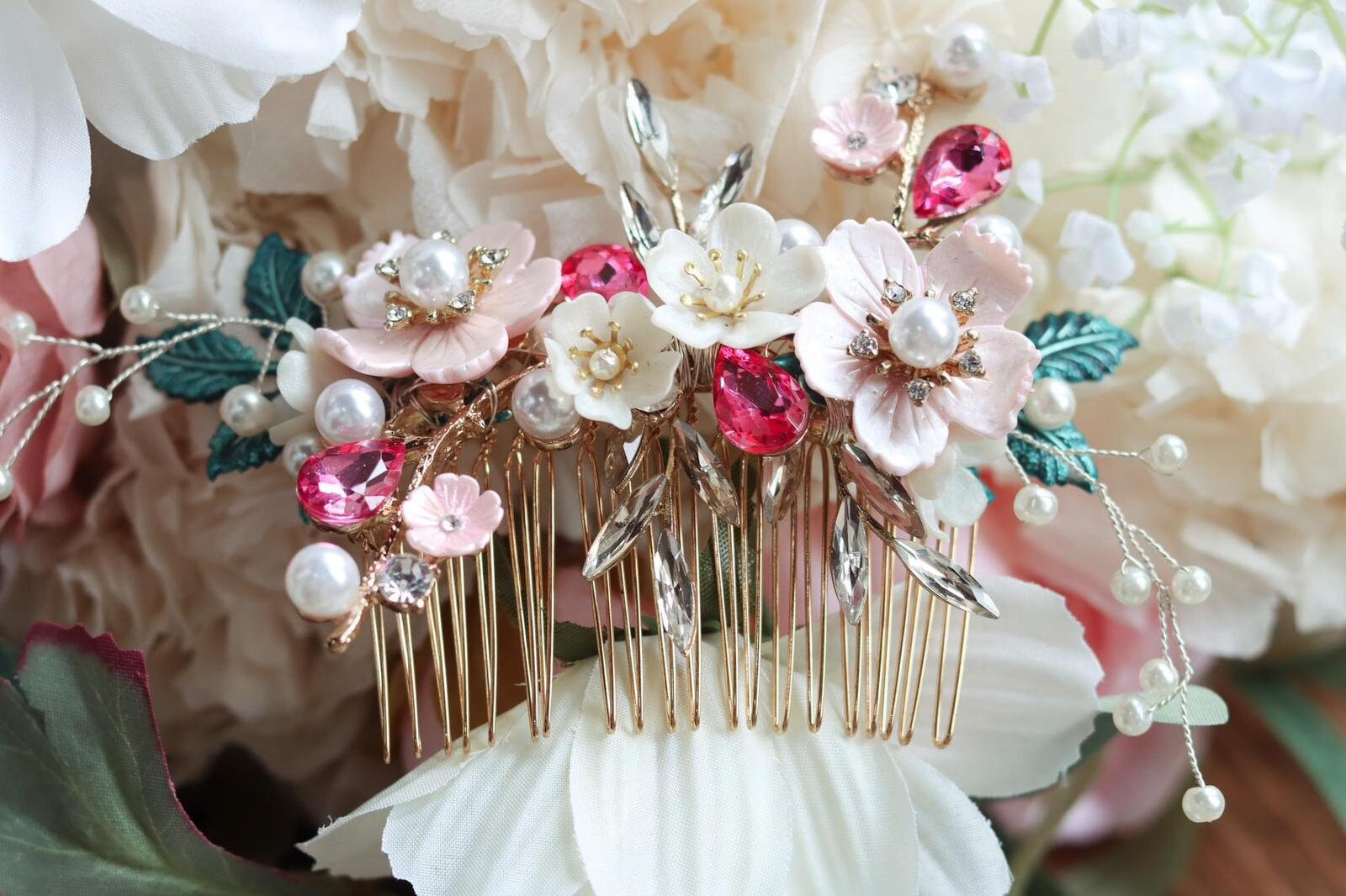 Secret Garden Floral Bridal Hair Comb: Pearl Wedding Headpiece, Pink ...