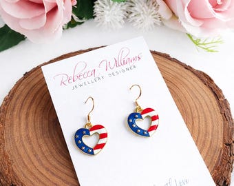 American Flag Heart Earrings, USA  Independence Day Jewelry, 4th July