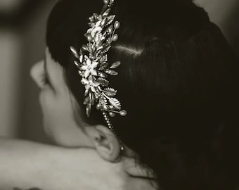 Floral Bridal Side Tiara: Silver, Gold, Pearl Wedding Headpiece