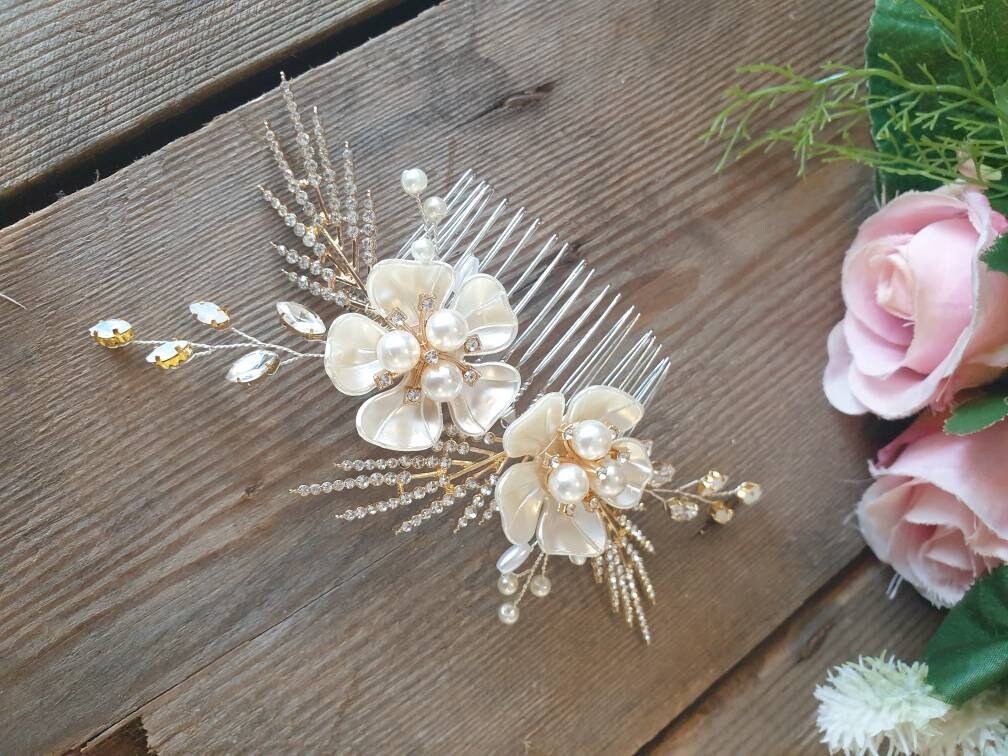 Bridal Pearl & Crystal Floral Headpiece - Ivory, Hair Comb,drop pearl earrings. Ivory Pearl Bridal Comb, Floral Crystal Wedding Headpiece - Etsy main image 3
