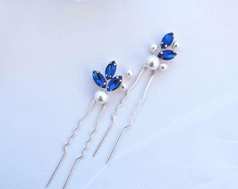 Something Blue Pearl Hair Pins: Bridal Rhinestone Headpiece, Set of 2 Pins