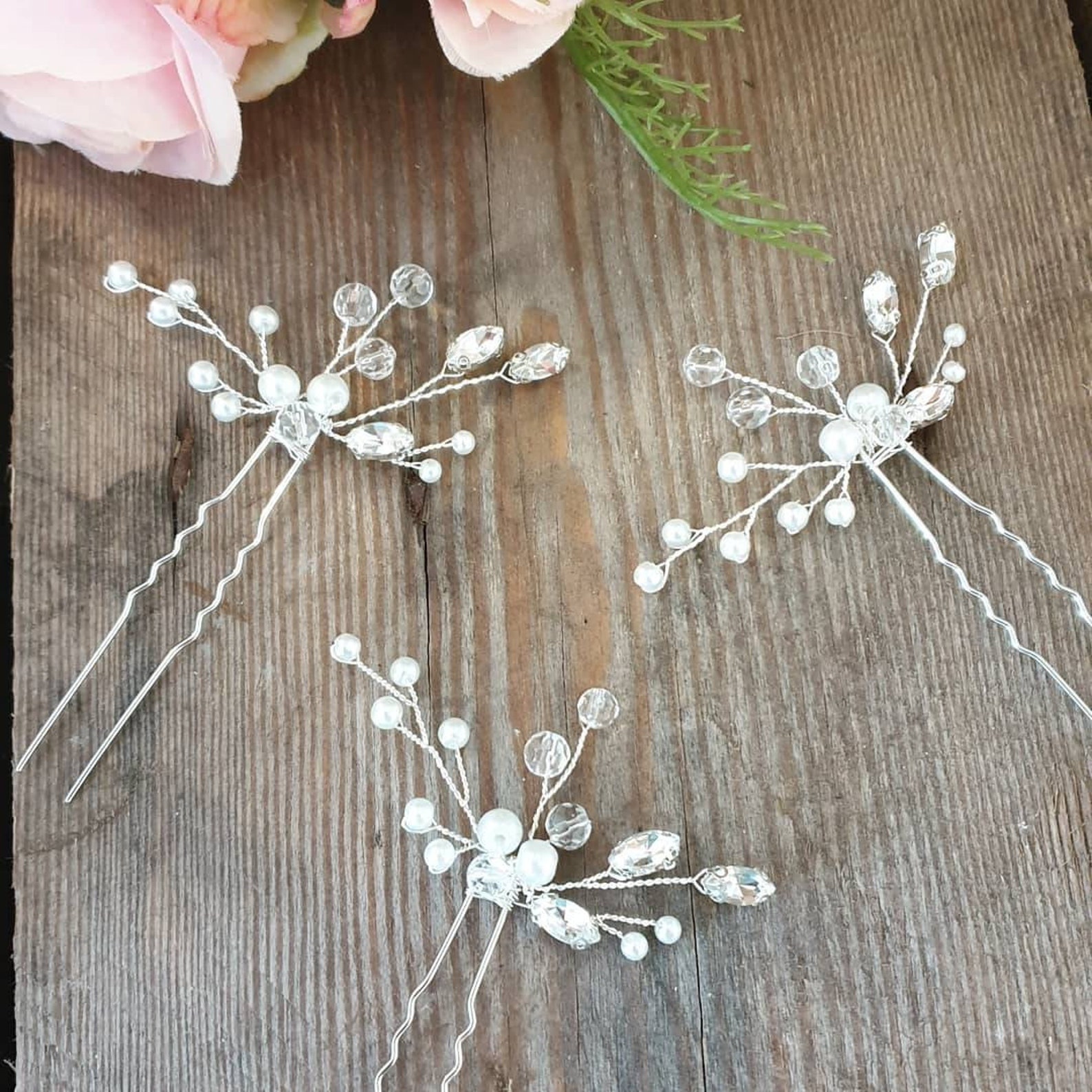 SET OF 3 Sparkly Pins Diamante Hair Pins Pearl Hair Etsy UK