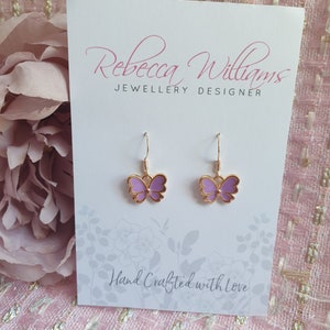 Lila vlinderoorbellen: roségoud sterlingzilver, geëmailleerde sieraden