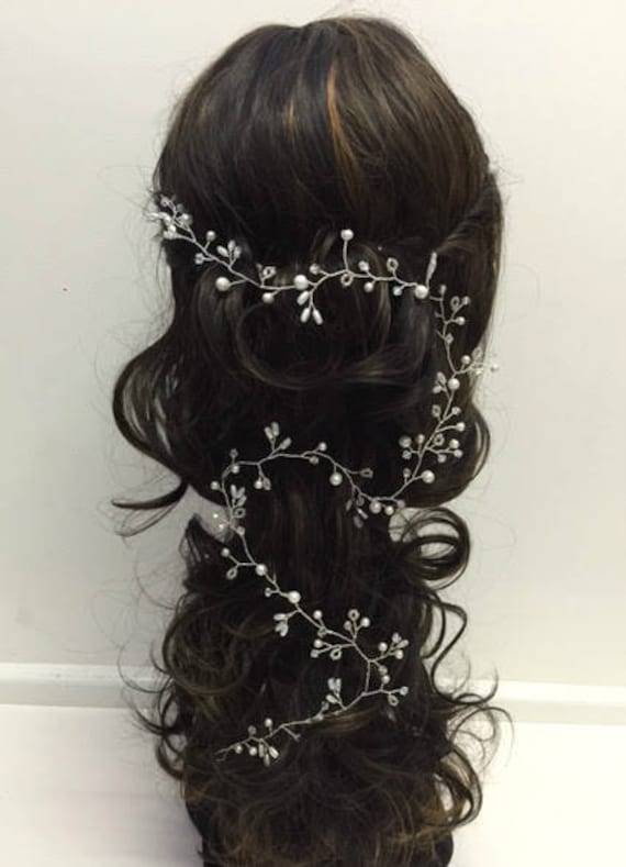 Extra Long Delicate Pearl and Crystal Bridal Hair Vine  display picture 1
