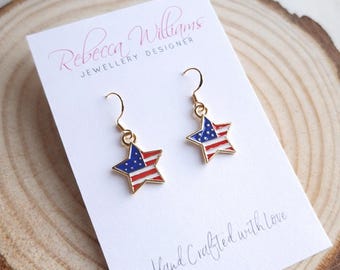 American Flag Earrings, USA Independence Day Jewelry, Gold Star Dangle Earrings