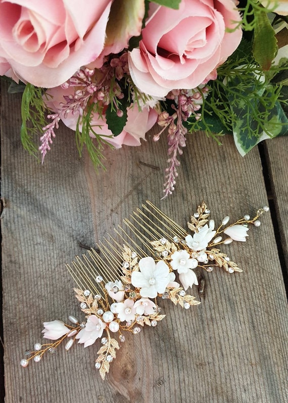 Gold and Ivory Floral Bridal Hair Comb Ivory Floral Bridal Hair Comb: Gold Enamel Flower, Pearl  main image 3