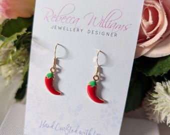 Red Chilli Pepper Drop Earrings: Gold Plated Sterling Silver, Colourful Earrings, Summer Jewellery