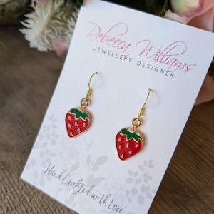 Rode aardbei-druppeloorbellen: geëmailleerd sterlingzilver