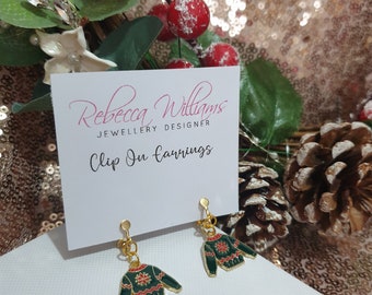 CLIP ON Christmas Jumper Earrings, Green Jewellery, Novelty Christmas Jewellery, Santa, Xmas Earrings, Xmas Jumper, Christmas Gifts, Santa