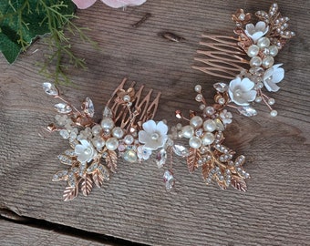 Rose Gold Bridal Hair Comb: Sparkle Flower Hair Vine, Pearl Wedding Headpiece