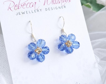 Blue Crystal Forget-me-not Dangle Earrings, Sterling Silver Jewellery