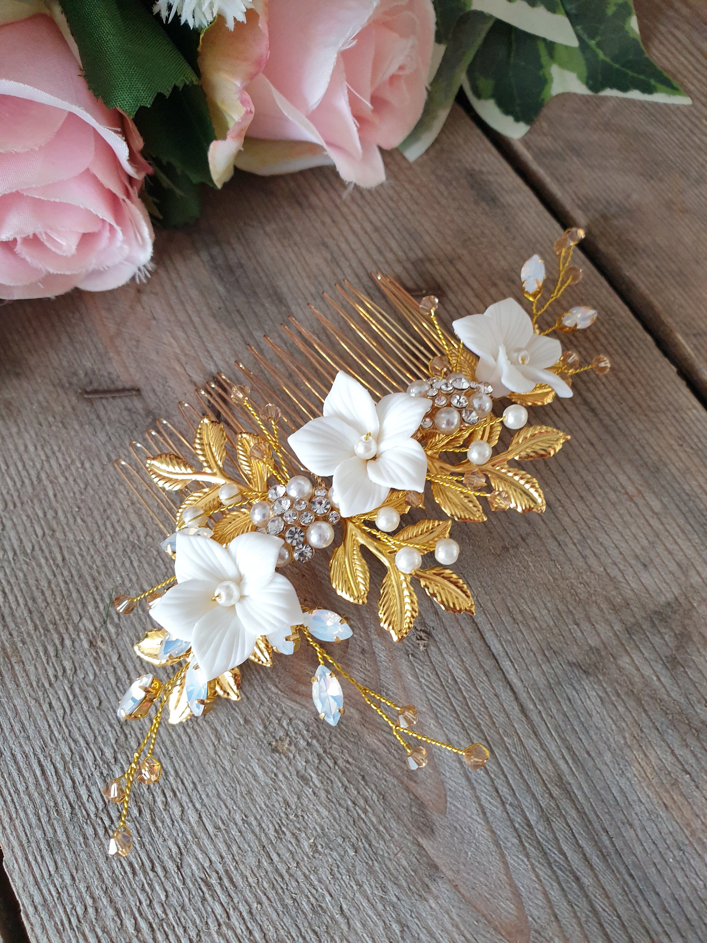 Gold Floral Bridal Hair Comb: Porcelain Flowers & Rhinestones