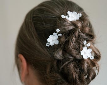 Delicate Floral Bridal Hair Pins: Handmade Clay Flower Wedding Accessories